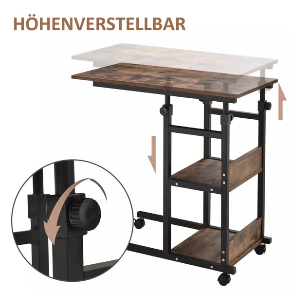 HOMCOM Sidebord med hjul, justerbar højde, 2 hylder, rustik brun/sort, 80x40x72-82 cm