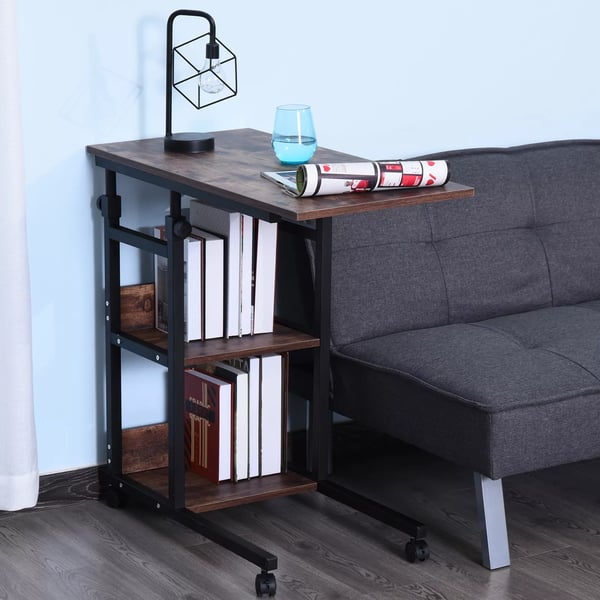 HOMCOM Sidebord med hjul, justerbar højde, 2 hylder, rustik brun/sort, 80x40x72-82 cm