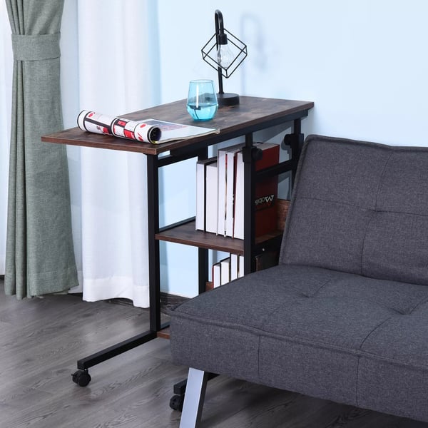 HOMCOM Sidebord med hjul, justerbar højde, 2 hylder, rustik brun/sort, 80x40x72-82 cm