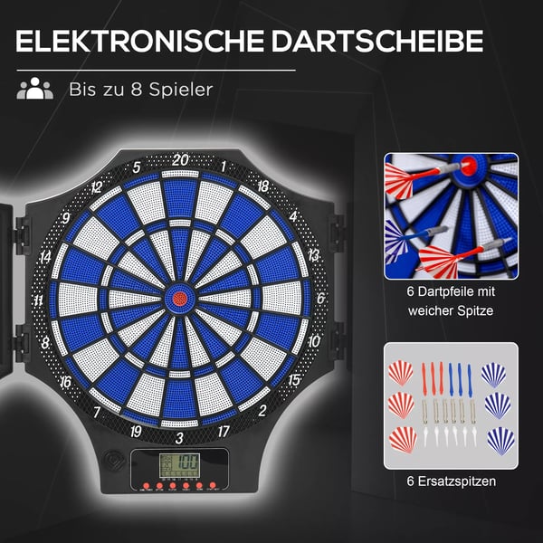 Elektronisk Darttavla med 6 dartpilar, reservspetsar, LCD-display, 31 spel, 285 program, upp till 8 spelare, svart/röd