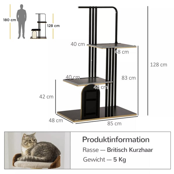 PawHut Kradsetræ 128cm Stål SIsal Sort Kattelegetøj med Pude og Platforme