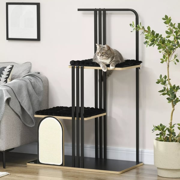 PawHut Kradsetræ 128cm Stål SIsal Sort Kattelegetøj med Pude og Platforme