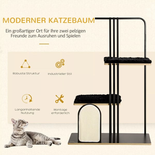 PawHut Kradsetræ 128cm Stål SIsal Sort Kattelegetøj med Pude og Platforme