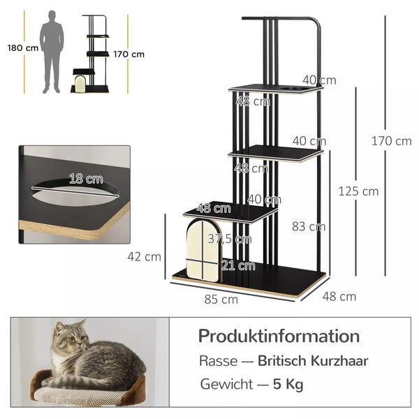 PawHut-raapimispuu 170 cm, suuri raapimispuu tyynyllä, raapimislauta, 3 tasoa, teräksiset kissankalusteet, musta