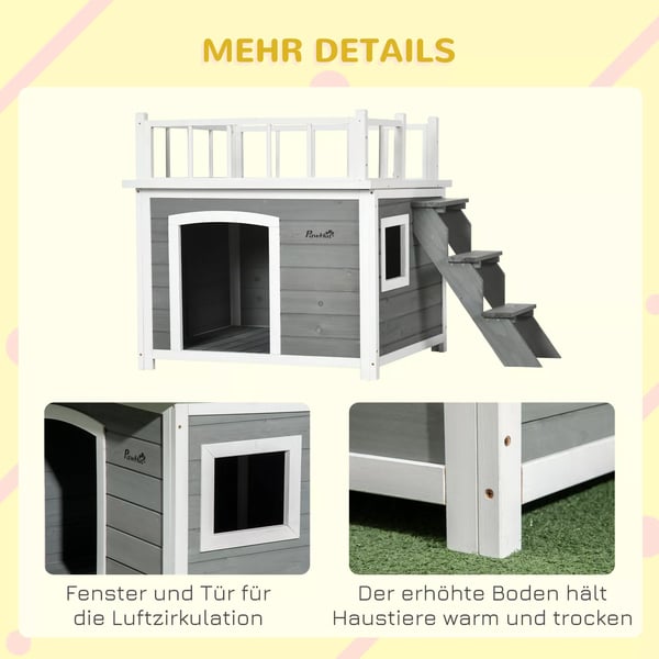 PawHut Hundehus i Tannenholz, Lysegrå med Terrasse og Trappe, til Mellemstore Hunde