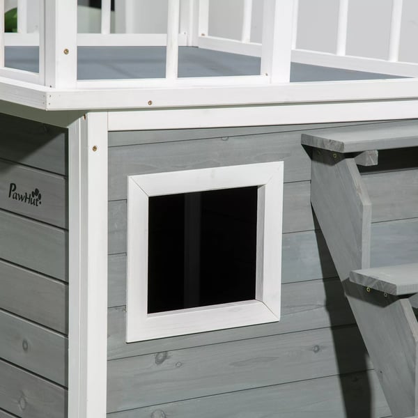 PawHut Hundehus i Tannenholz, Lysegrå med Terrasse og Trappe, til Mellemstore Hunde