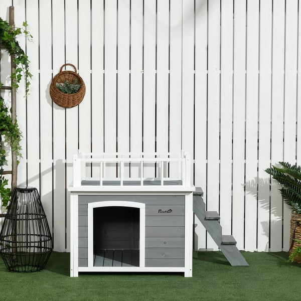 PawHut Hundehus i Tannenholz, Lysegrå med Terrasse og Trappe, til Mellemstore Hunde