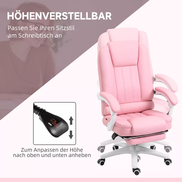 Vinsetto kontorstol skrivebordsstol med fodstøtte, hvilefunktion, hjul, højdejusterbar, kunstlæder, rosa