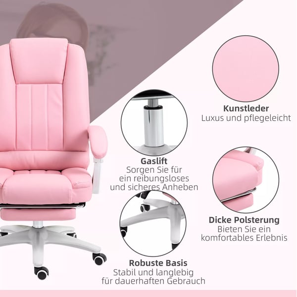 Vinsetto kontorstol skrivebordsstol med fodstøtte, hvilefunktion, hjul, højdejusterbar, kunstlæder, rosa