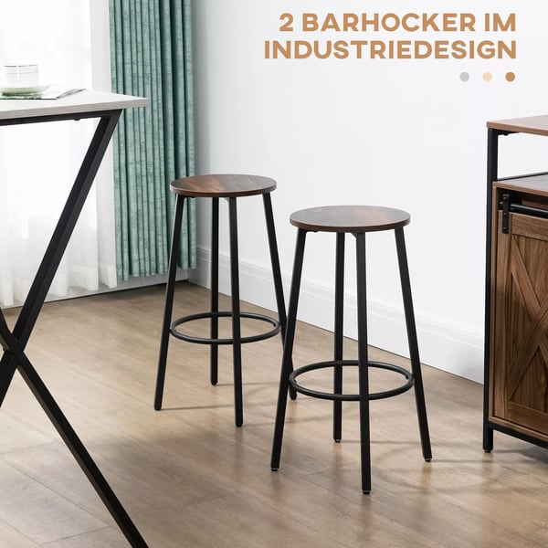 HOMCOM 2'er Barstole - Rustikbrun/Sort, Stl & Spnplade, Industriel Stil Barstol med Fodsttte, Kkkenstol