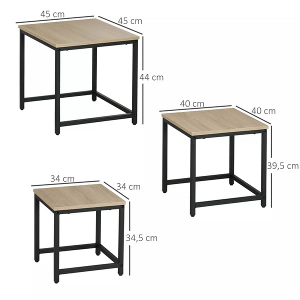HOMCOM sofabord, 3-delt sæt, sidebord, indskudsbord med stålramme, sofabord i industrielt design, kaffebord, stuebord med trælook, natur