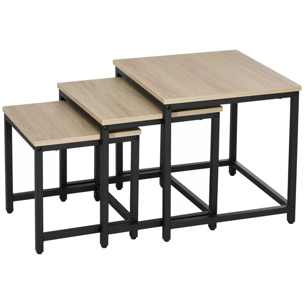 HOMCOM sofabord, 3-delt sæt, sidebord, indskudsbord med stålramme, sofabord i industrielt design, kaffebord, stuebord med trælook, natur
