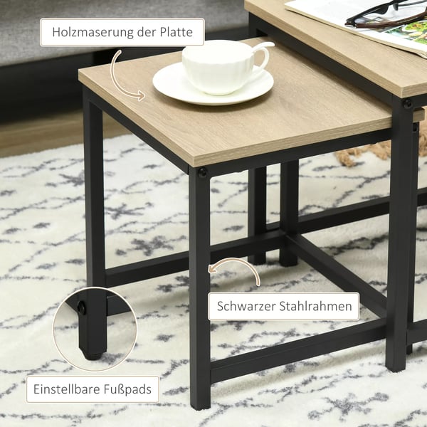 HOMCOM sofabord, 3-delt sæt, sidebord, indskudsbord med stålramme, sofabord i industrielt design, kaffebord, stuebord med trælook, natur