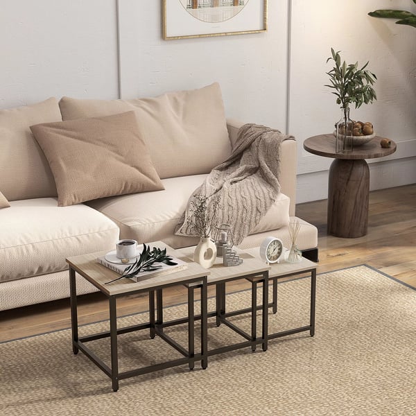 HOMCOM sofabord, 3-delt sæt, sidebord, indskudsbord med stålramme, sofabord i industrielt design, kaffebord, stuebord med trælook, natur