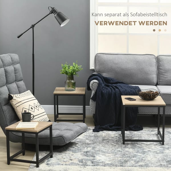 HOMCOM sofabord, 3-delt sæt, sidebord, indskudsbord med stålramme, sofabord i industrielt design, kaffebord, stuebord med trælook, natur