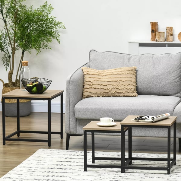 HOMCOM sofabord, 3-delt sæt, sidebord, indskudsbord med stålramme, sofabord i industrielt design, kaffebord, stuebord med trælook, natur