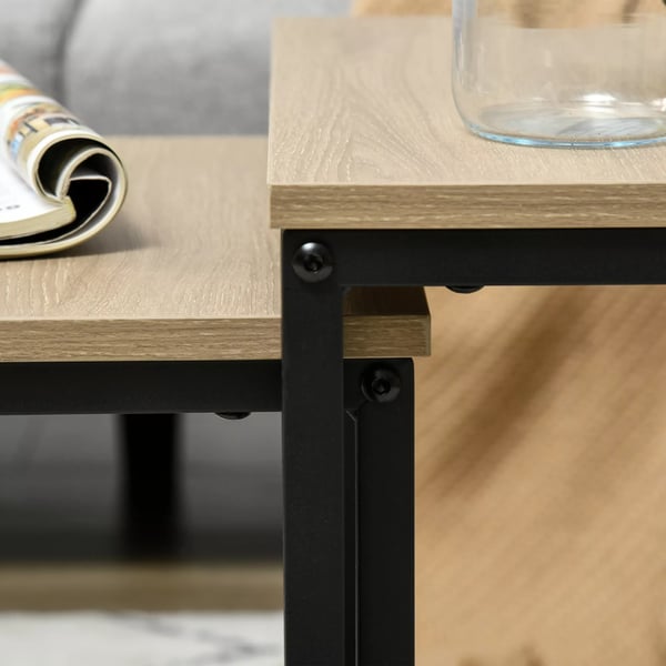 HOMCOM sofabord, 3-delt sæt, sidebord, indskudsbord med stålramme, sofabord i industrielt design, kaffebord, stuebord med trælook, natur