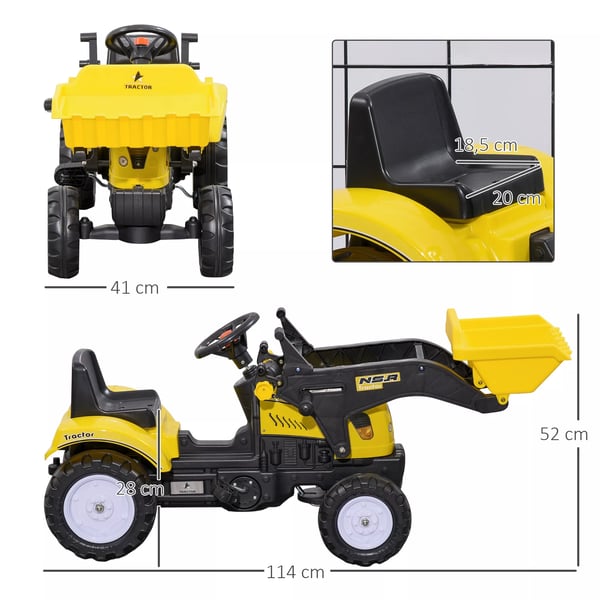 HOMCOM Gravemaskine til at sidde på, Ride-on gravemaskine med skovl til 3-årige, pedaltraktor, skubbekøretøj, 114x41x54 cm