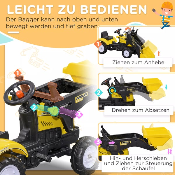 HOMCOM Gravemaskine til at sidde på, Ride-on gravemaskine med skovl til 3-årige, pedaltraktor, skubbekøretøj, 114x41x54 cm