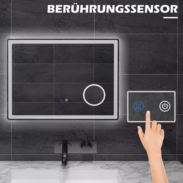 kleankin LED Badeværelsesspejl med ForstøRrelse, Touch & Dugfri Funktion, 80x60cm, Jern/Glas, Hvid/Sølv