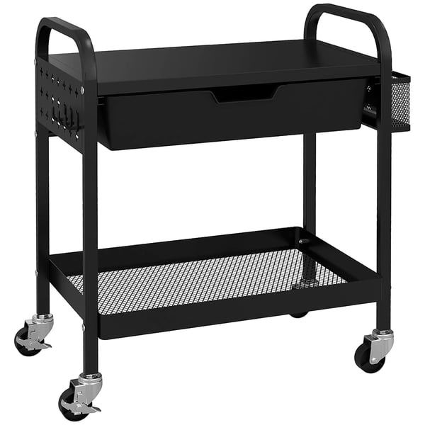 HOMCOM Tarjoiluvaunu 61x32.6x58.5cm, 1 laatikko & 1 hylly, keittiövaunu säilytyskoukuilla, musta teräs/muovi