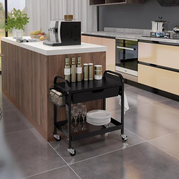 HOMCOM Rullebord til Køkken, Serveringsvogn med 1 Skuffe, 1 Hylde & Kroge, Sort Stål/Plast - 61x32.6x58.5cm