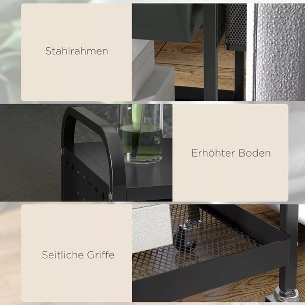 HOMCOM Rullebord til Køkken, Serveringsvogn med 1 Skuffe, 1 Hylde & Kroge, Sort Stål/Plast - 61x32.6x58.5cm