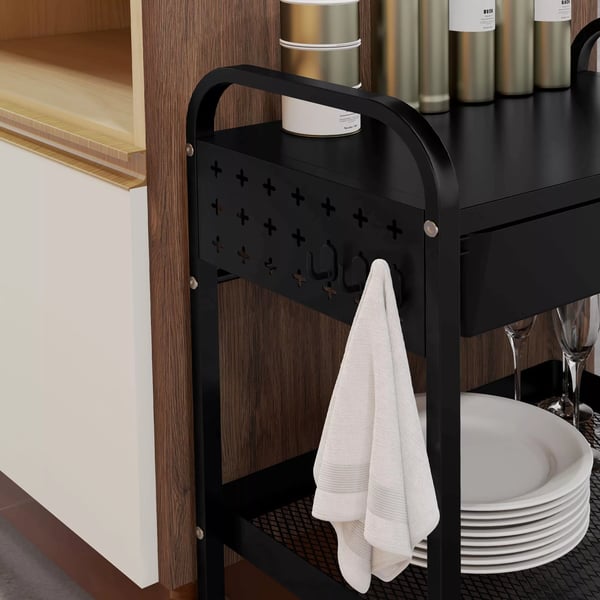 HOMCOM Rullebord til Køkken, Serveringsvogn med 1 Skuffe, 1 Hylde & Kroge, Sort Stål/Plast - 61x32.6x58.5cm