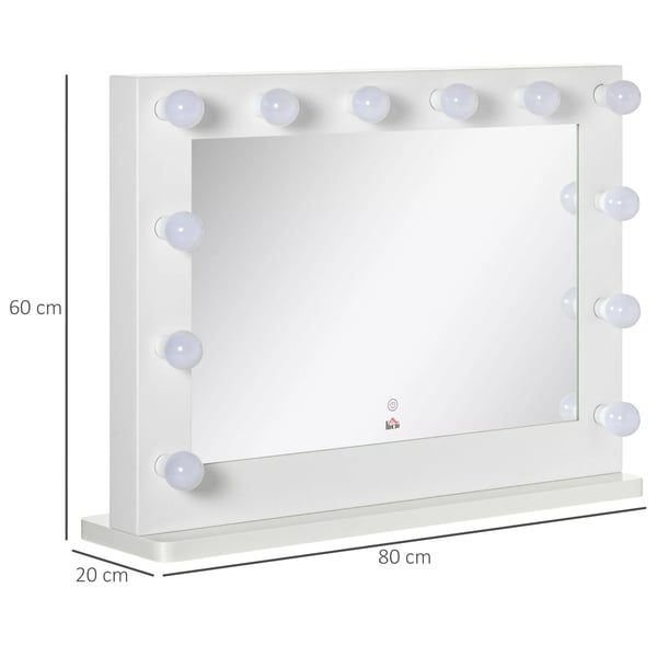 HOMCOM Hollywood-spejl med belysning, touch-kontakt, 12 dæmpbare LED-pærer, 80x60 cm, hukommelsesfunktion, hvid