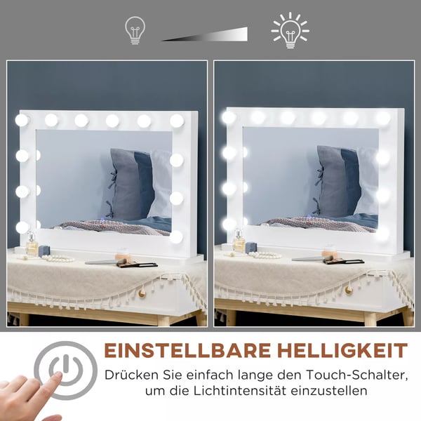 HOMCOM Hollywood-spejl med belysning, touch-kontakt, 12 dæmpbare LED-pærer, 80x60 cm, hukommelsesfunktion, hvid