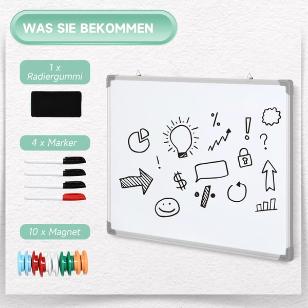 HOMCOM Magnetisk Whiteboard Tavle 90x60cm - Galvaniseret Plade, Aluminiumsramme, Hvid (inkl. tuscher, svamp & magneter)