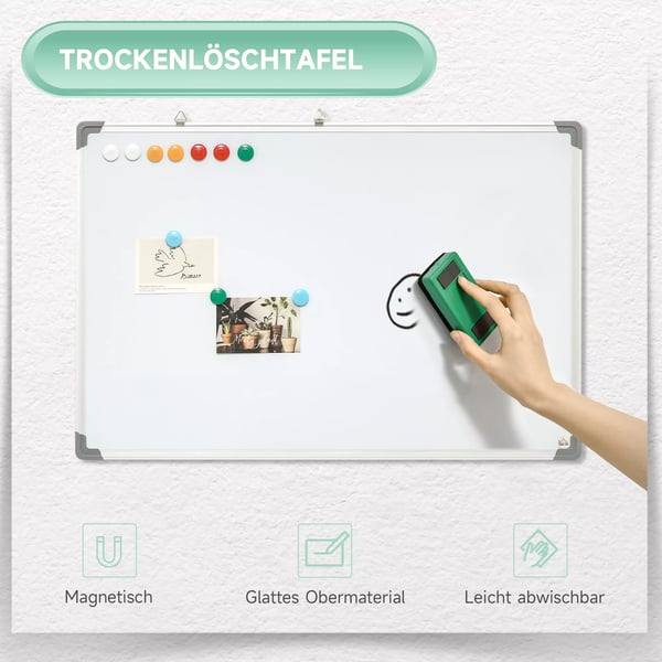 HOMCOM Magnetisk Whiteboard Tavle 90x60cm - Galvaniseret Plade, Aluminiumsramme, Hvid (inkl. tuscher, svamp & magneter)