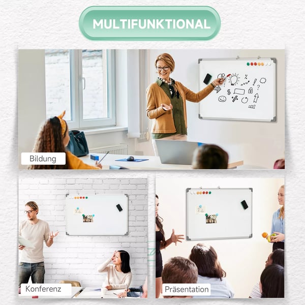 HOMCOM Magnetisk Whiteboard Tavle 90x60cm - Galvaniseret Plade, Aluminiumsramme, Hvid (inkl. tuscher, svamp & magneter)