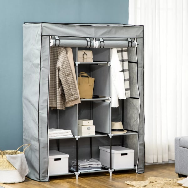 Foldbar Klædeskab i Lysegråt Vliesstof med 2 Bøjlestænger og 8 Hylder - Perfekt til Soveværelse og Entré