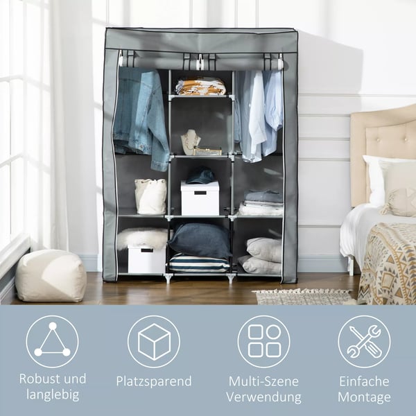 Foldbar Klædeskab i Lysegråt Vliesstof med 2 Bøjlestænger og 8 Hylder - Perfekt til Soveværelse og Entré