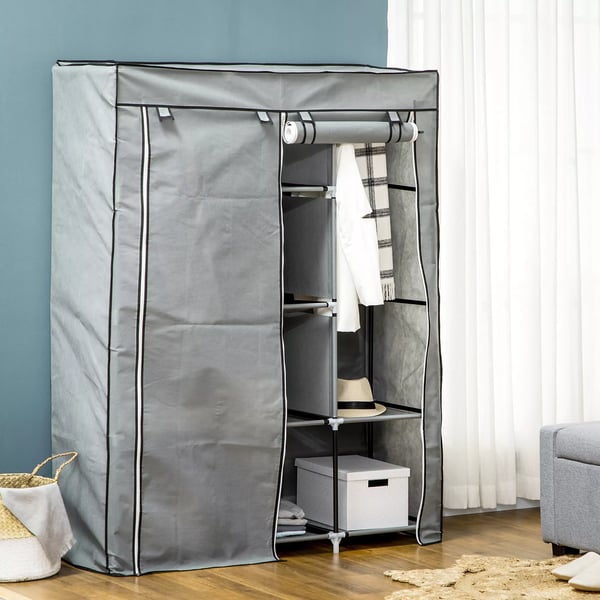 Foldbar Klædeskab i Lysegråt Vliesstof med 2 Bøjlestænger og 8 Hylder - Perfekt til Soveværelse og Entré