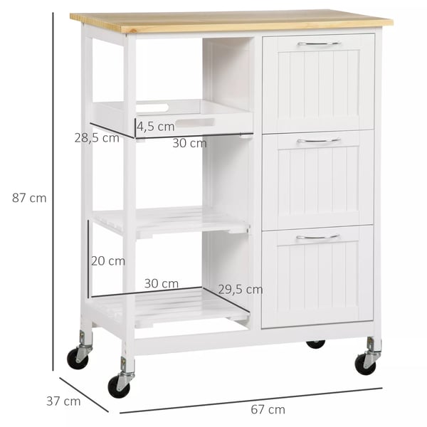 HOMCOM serveringsvogn til køkken med 3 skuffer, køkkenrulleholder og 3 hylder, hvid/natur, 67x37x85 cm