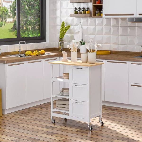 HOMCOM serveringsvogn til køkken med 3 skuffer, køkkenrulleholder og 3 hylder, hvid/natur, 67x37x85 cm