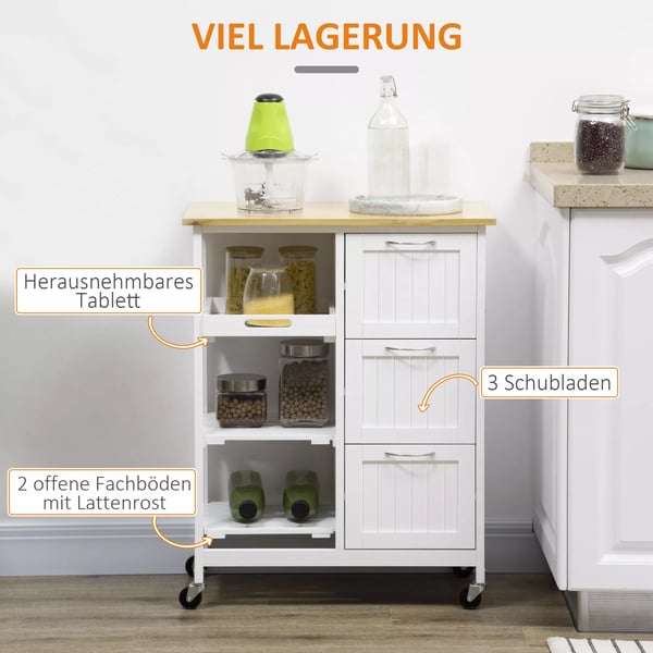 HOMCOM serveringsvogn til køkken med 3 skuffer, køkkenrulleholder og 3 hylder, hvid/natur, 67x37x85 cm