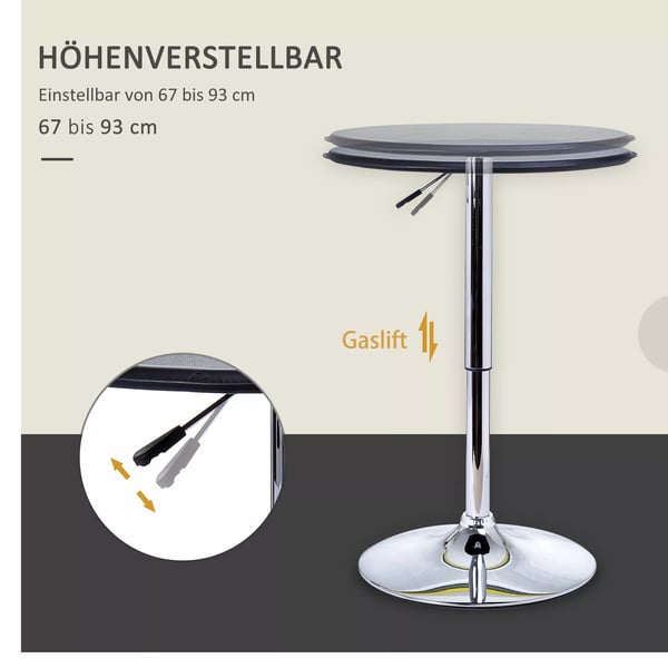 HOMCOM Bartopbord med højdejustering, sort kunstlæder og krom stål, Ø63 x 67-93 cm