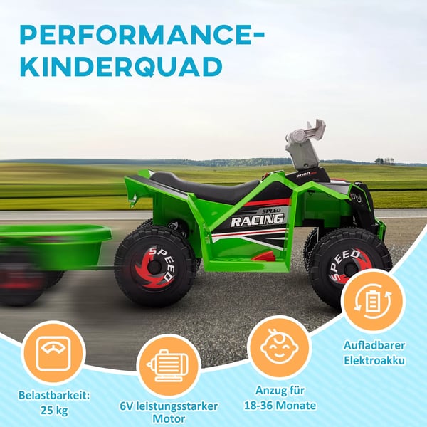 Børne Quad 6V Elbil med Trailer - Grøn/Grå/Sort - til børn 1.5-3 år