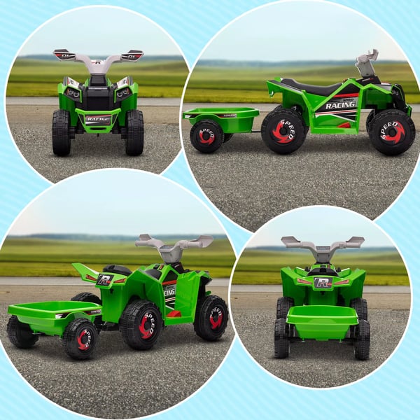 Børne Quad 6V Elbil med Trailer - Grøn/Grå/Sort - til børn 1.5-3 år