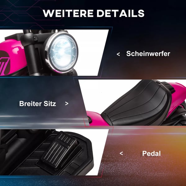 HOMCOM Lasten sähkömoottoripyörä, vaaleanpunainen/musta, 1.5-3 km/h, 18-36kk