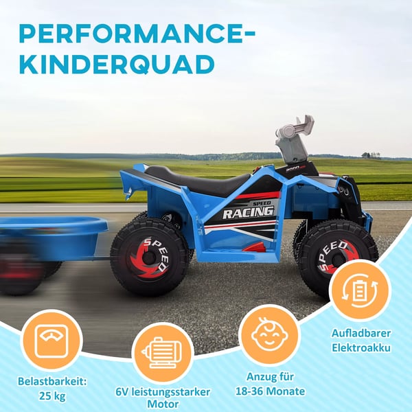 HOMCOM Brne el-quad med anhnger, 6V elbil til brn, 2,5 km/t, Bl, Gr, Sort