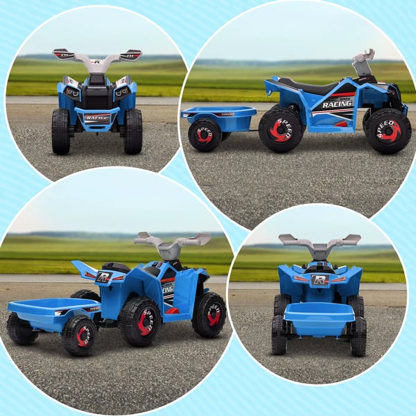 HOMCOM Brne el-quad med anhnger, 6V elbil til brn, 2,5 km/t, Bl, Gr, Sort