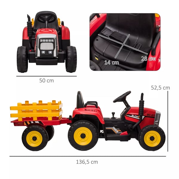 El-traktor Barns elbil med släp, fjärrkontroll, MP3, strålkastare, 3-6 km/h, röd