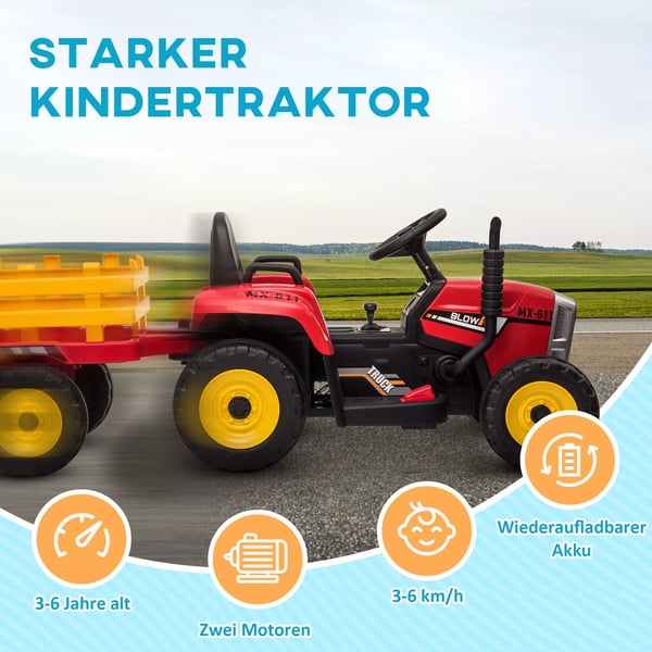 El-traktor Barns elbil med släp, fjärrkontroll, MP3, strålkastare, 3-6 km/h, röd