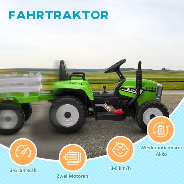 HOMCOM lasten sähkötraktori perävaunulla, vihreä, 12V