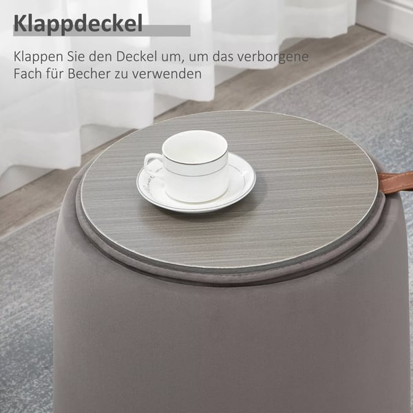HOMCOM 2-in-1 ottomaani, pyöreä rahi, jalkarahi säilytystilalla, irrotettava kansi samettimaisella viimeistelyllä, sivupöytä, tummanharmaa