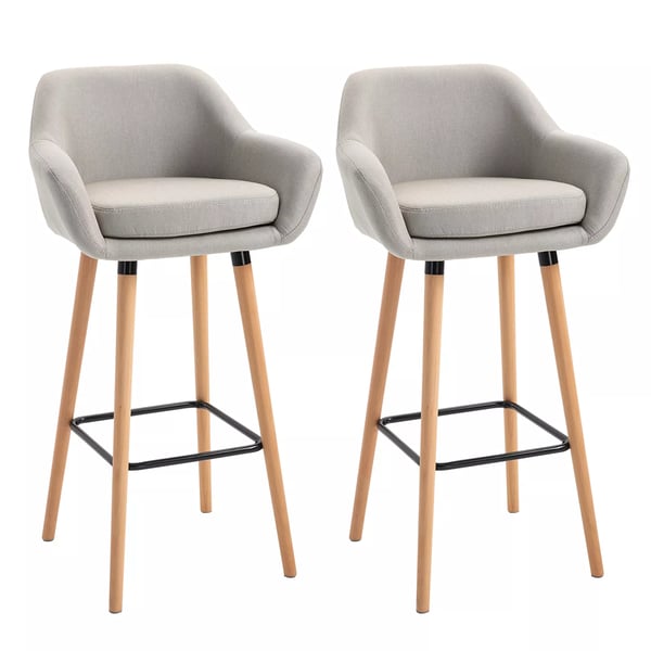 HOMCOM Barstol 2-pack, Bekväm barstol i linne med sittdyna, köksstol, bistrostol med fotstöd, ben av bokträ, beige